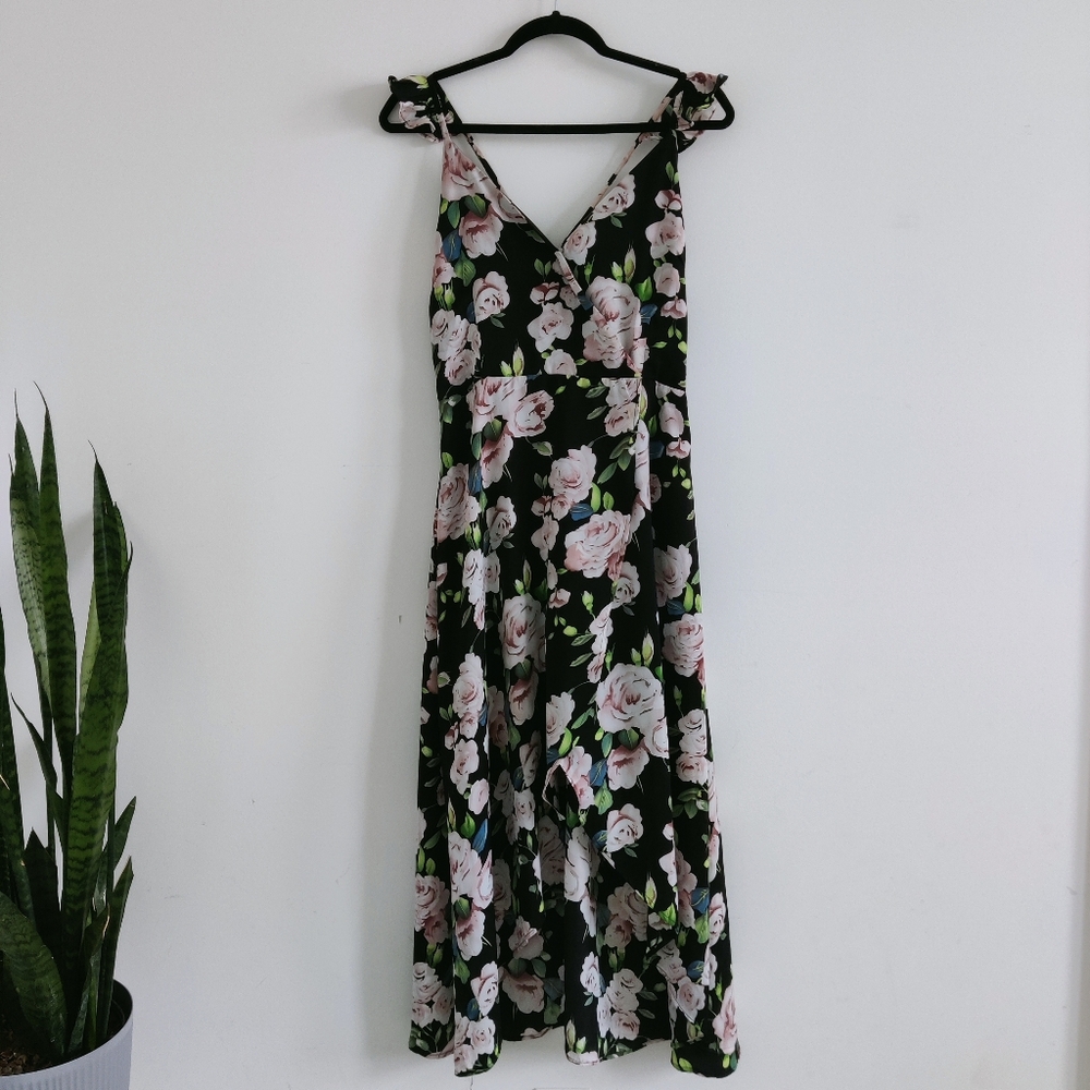 Floral Maxi Dress Wrap Style Black Pink Roses Size M